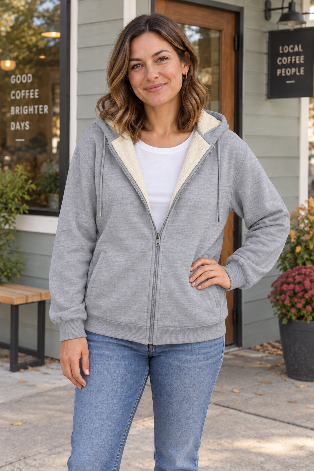 Woman wearing a light gray fleece-lined zip hoodie outside a neighborhood coffee shop.