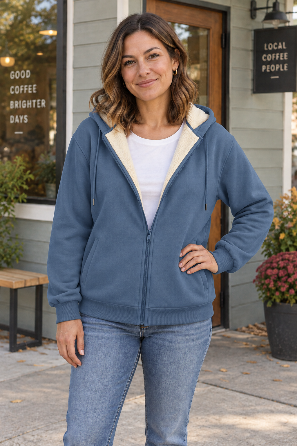 Woman wearing a blue fleece-lined zip hoodie outside a neighborhood coffee shop.