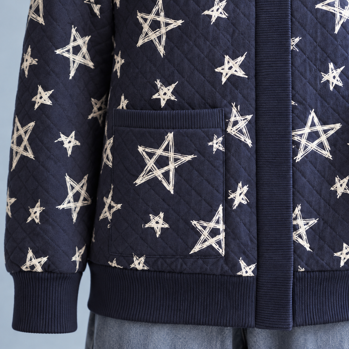 Johnature Star-Print Snap-Front Layer - Women's, ribbed pocket mouth, cuff and hem detail.