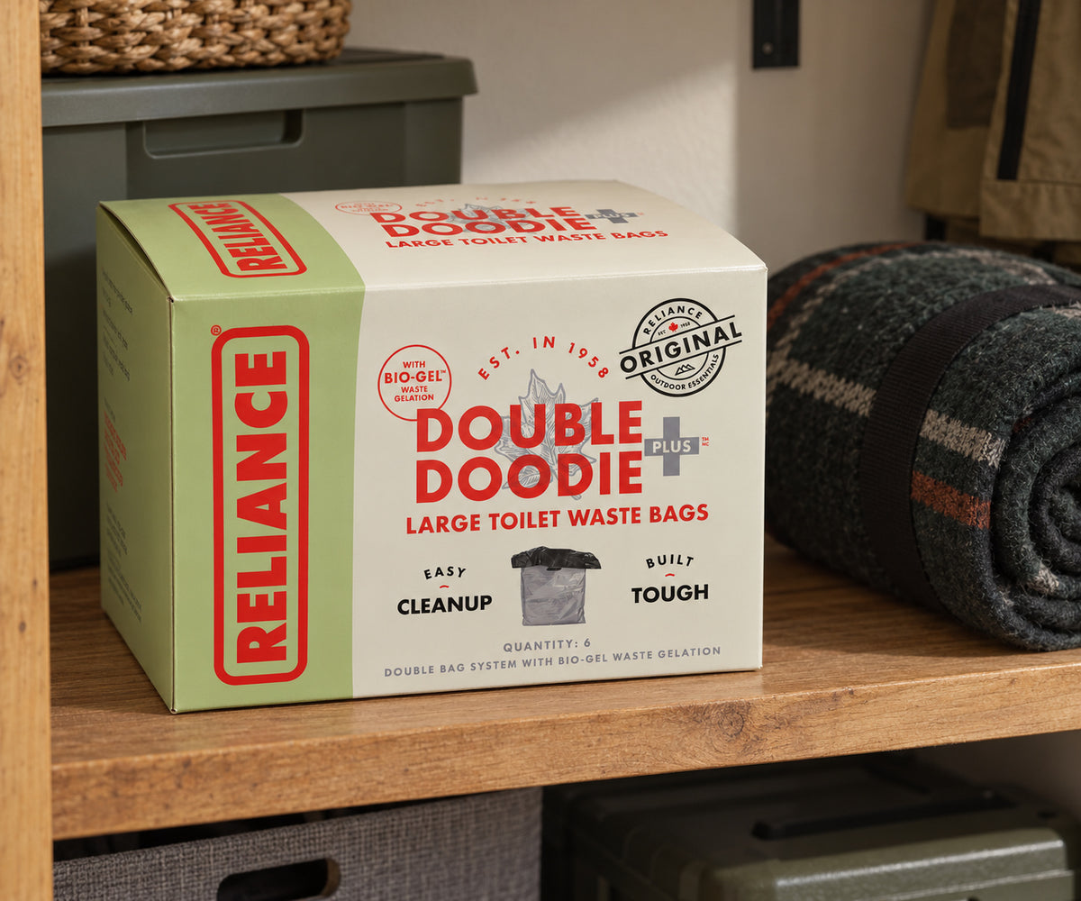 Double Doodie Plus carton on a home camping-gear shelf
