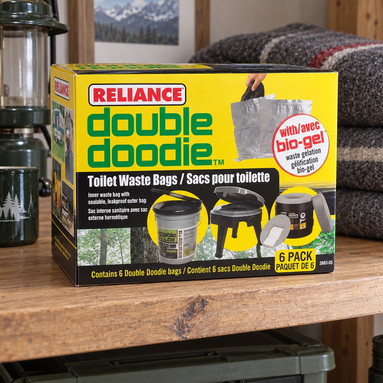Double Doodie with Bio-Gel carton on a home camping-gear shelf