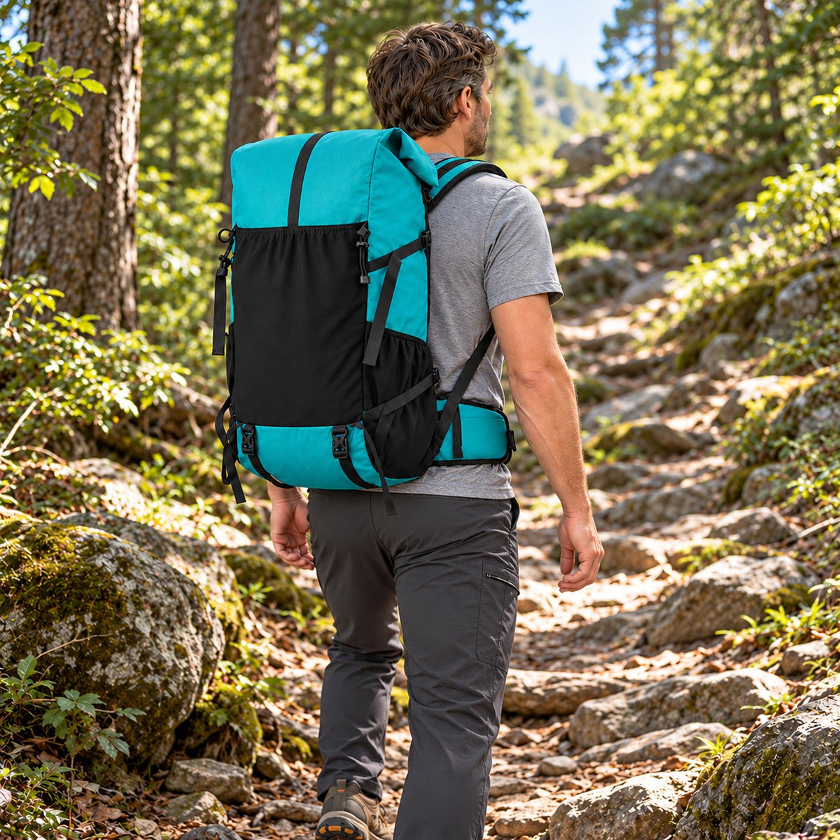 Hiker wearing the teal-green Royal Mountain 1316 backpack on a rocky woodland trail, viewed from the rear right with the shoulder harness worn and teal hip belt around his waist.