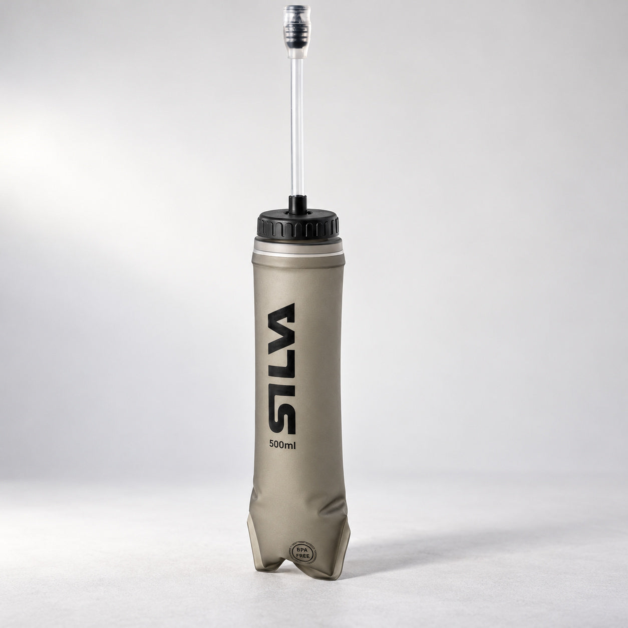SILVA 500 mL gray soft flask with its long clear straw.