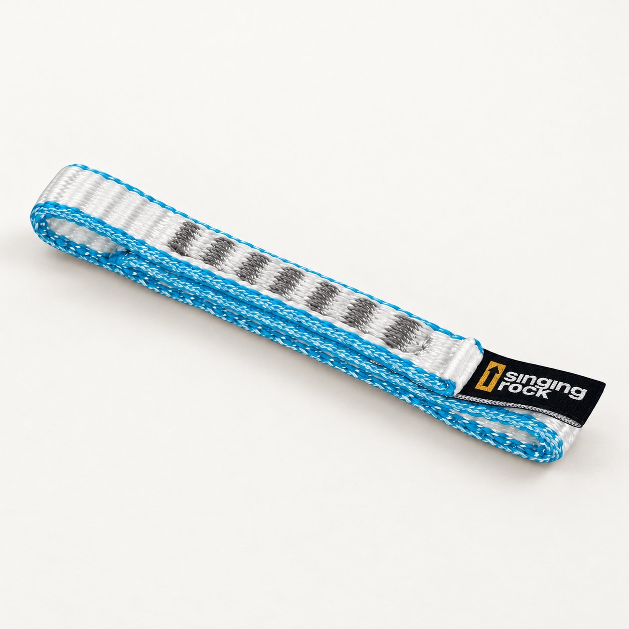 Singing Rock 11 mm express quickdraw sling with white webbing, blue edges and a sewn eye.