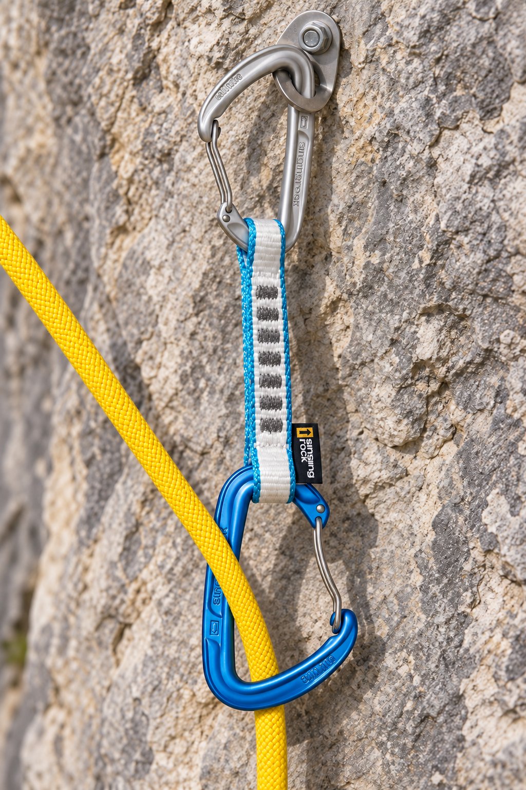 Singing Rock C2000 white-and-turquoise sling joining silver and blue carabiners at a rock bolt, with yellow rope through the lower carabiner; contextual hardware and rope not included.