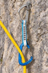 Singing Rock C2000 white-and-turquoise sling joining silver and blue carabiners at a rock bolt, with yellow rope through the lower carabiner; contextual hardware and rope not included.