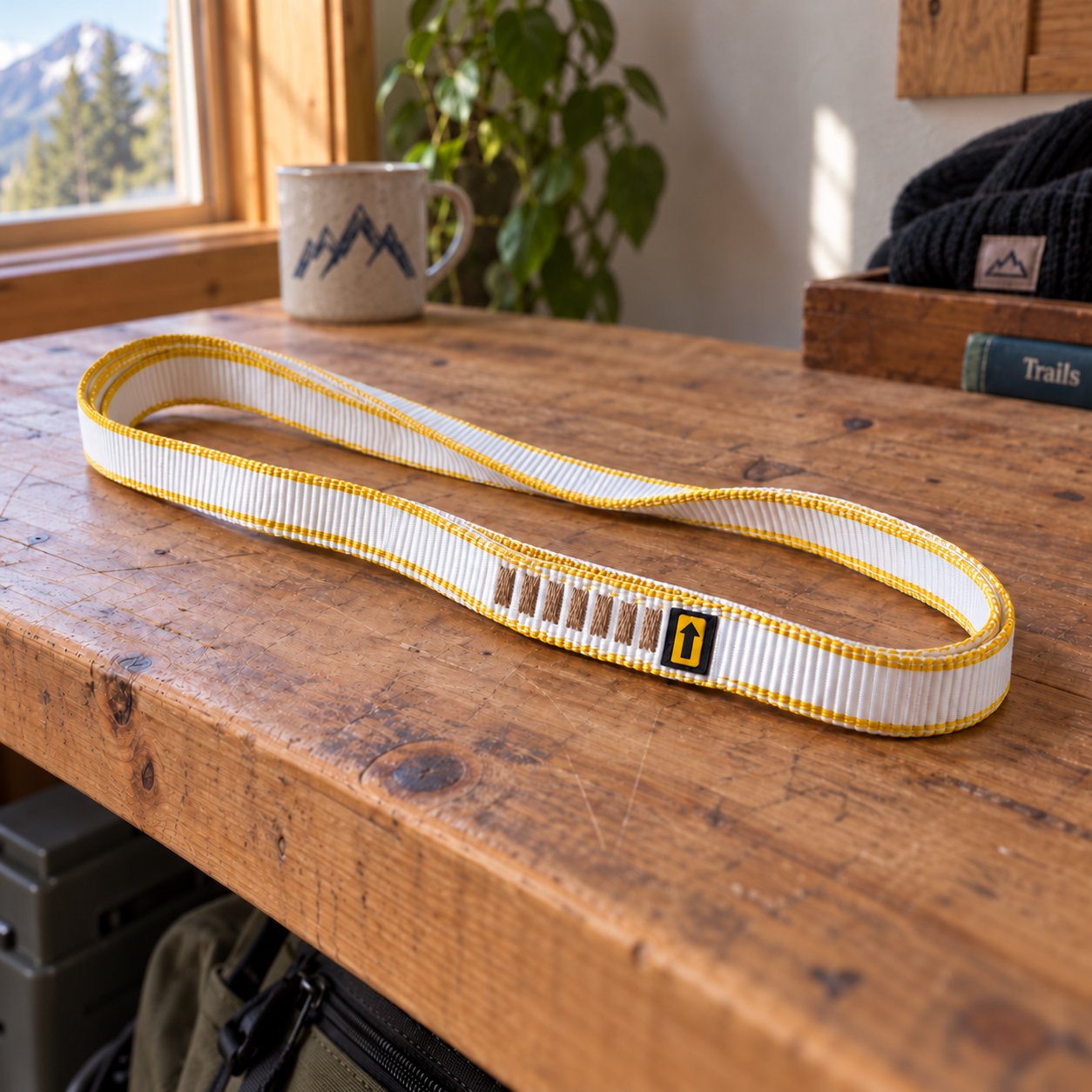 One Singing Rock 11 mm sewn loop sling resting on a home gear bench.