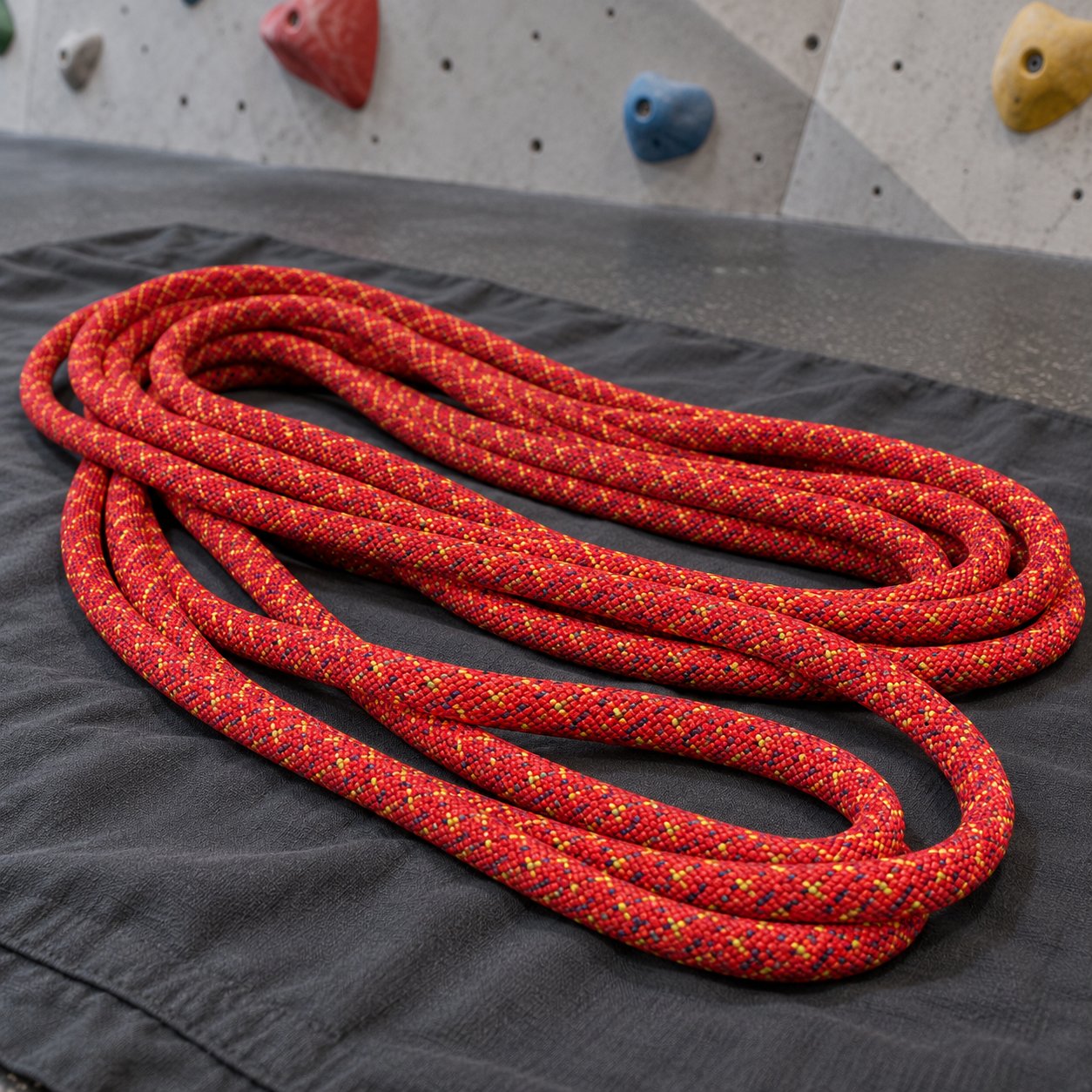 Red Gym 10.1 rope with yellow and dark tracers lying in loose loops on a charcoal tarp in a climbing-gym preparation area.
