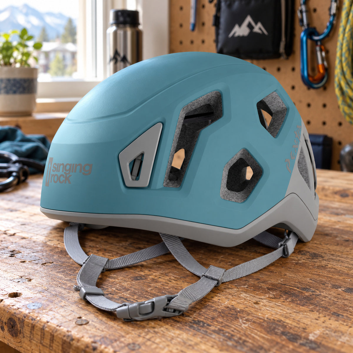 Spruce Blue Singing Rock Penta 2 helmet resting on a home gear bench.