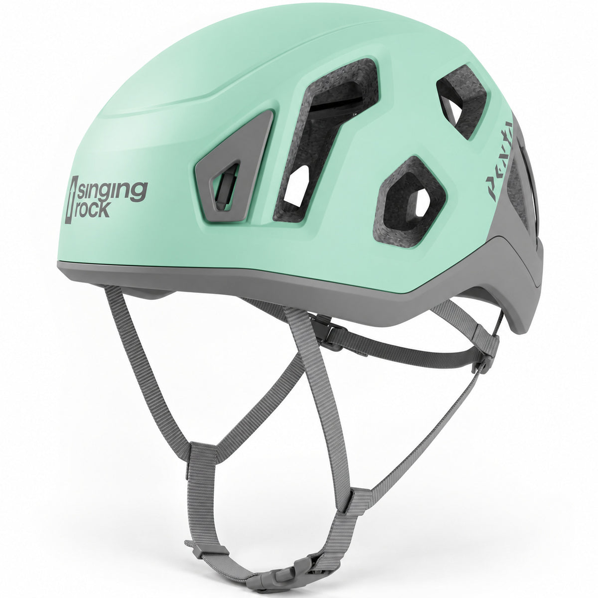Mint Green Singing Rock Penta 2 helmet with grey straps and headlamp clips.