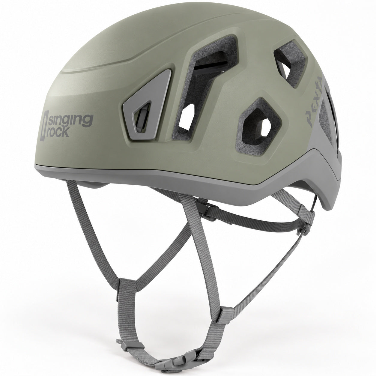 Olivine Gray Singing Rock Penta 2 helmet with grey straps and angular vents.