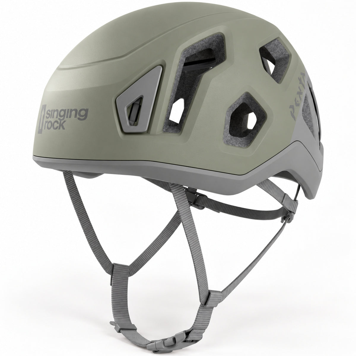 Olivine Gray Singing Rock Penta 2 helmet with grey straps and angular vents.