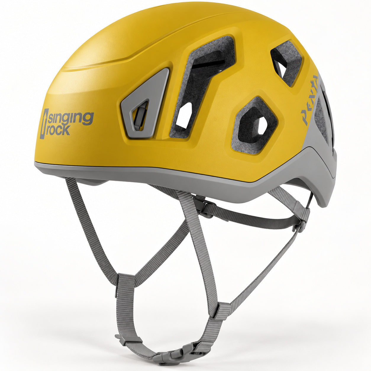Yellow Gold Singing Rock Penta 2 helmet with grey straps and headlamp clips.