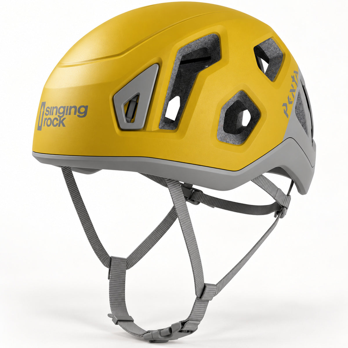 Yellow Gold Singing Rock Penta 2 helmet with grey straps and headlamp clips.
