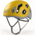 Yellow Gold Singing Rock Penta 2 helmet with grey straps and headlamp clips.