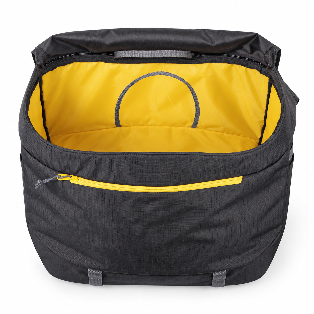 Open Rockstar rope bag showing yellow lining and zippered pocket