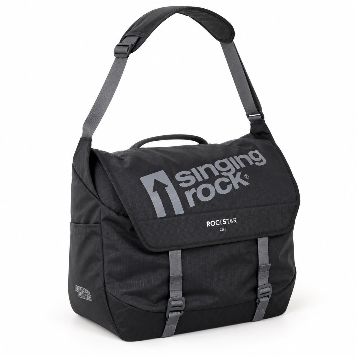 Closed black Singing Rock Rockstar 28L rope bag with its shoulder strap