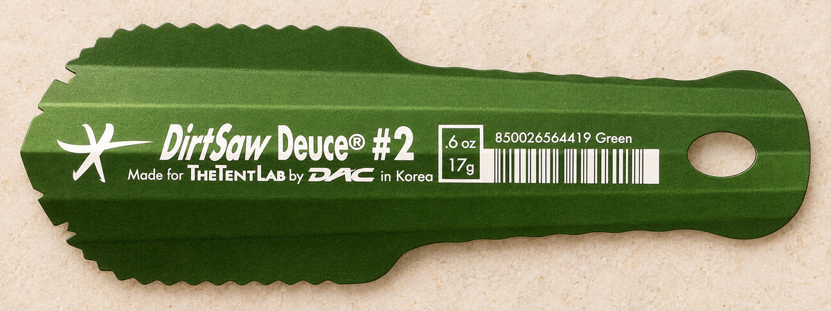 Green TentLab DirtSaw Deuce #2 trowel with serrated blade