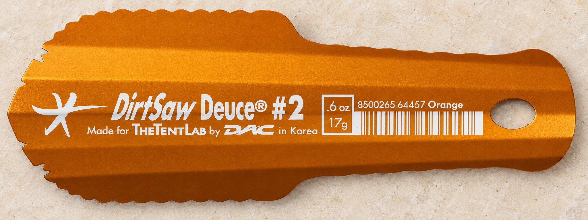 Orange TentLab DirtSaw Deuce #2 trowel with serrated blade