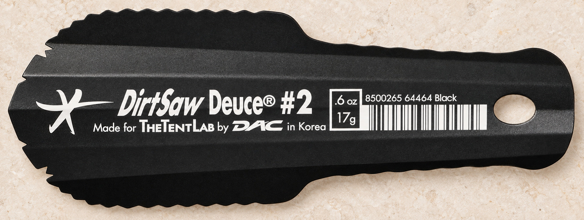 Black TentLab DirtSaw Deuce #2 trowel with serrated blade