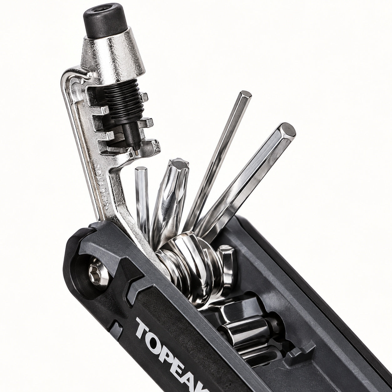 Close-up of the Topeak Hexus X chain-tool end and folding implements