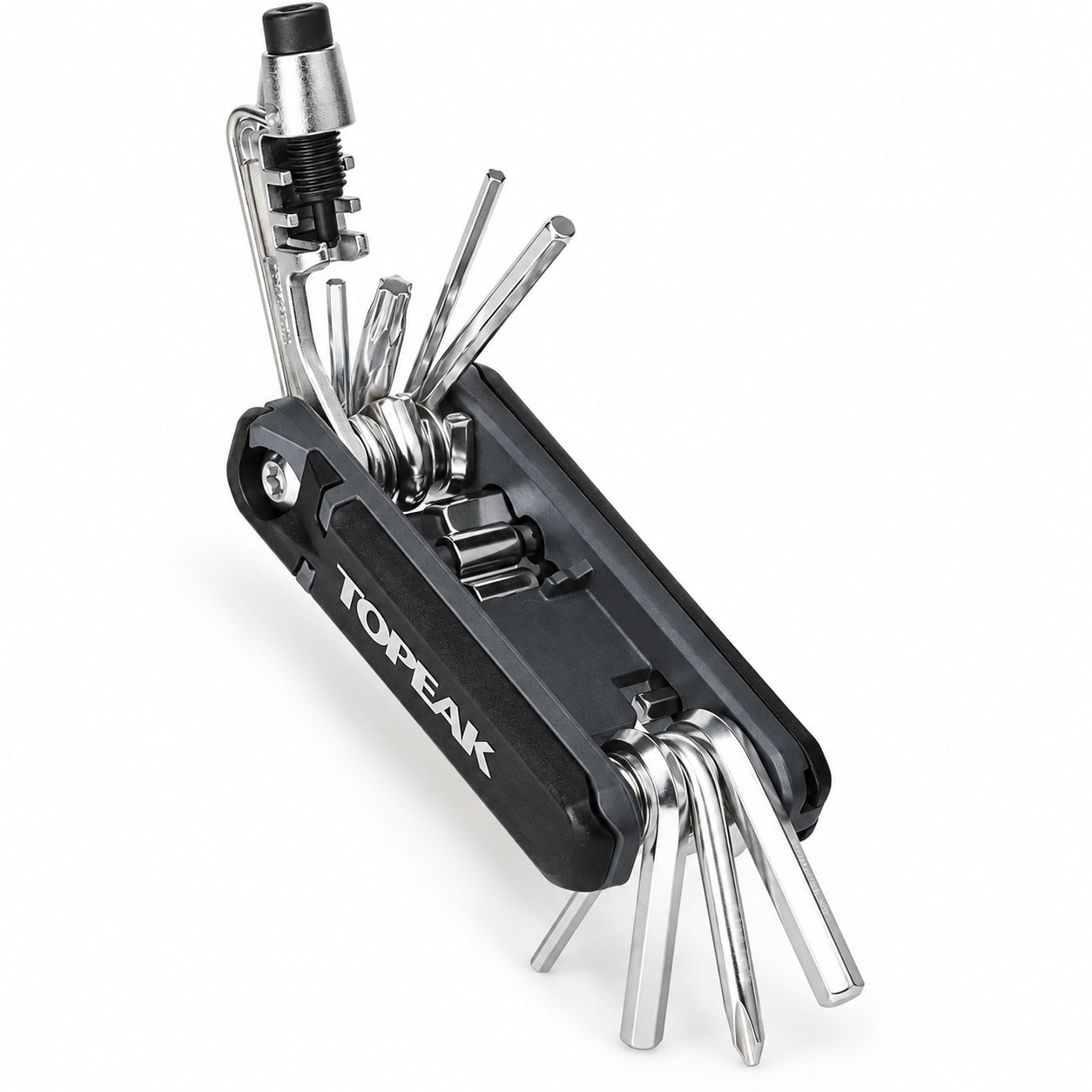 Topeak Hexus X bicycle multi-tool with black body and silver folding tools