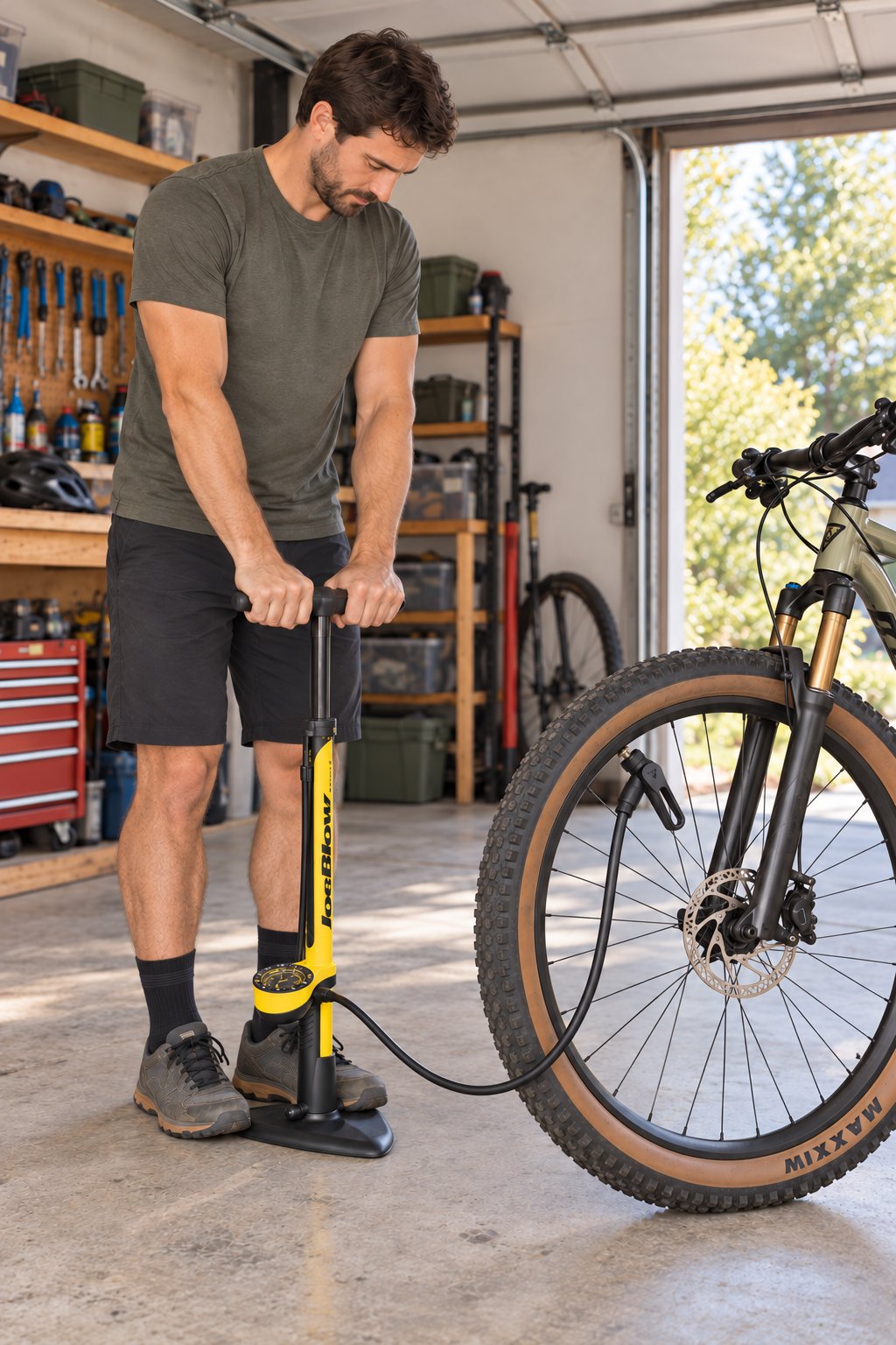 A cyclist using a yellow Topeak JoeBlow Sport III floor pump beside a bicycle in a home garage.