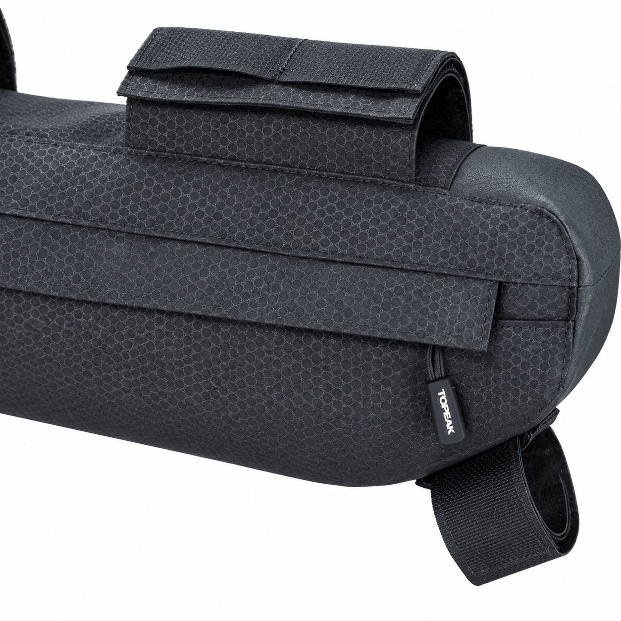 Side zipper and strap detail on the black Topeak MidLoader frame bag