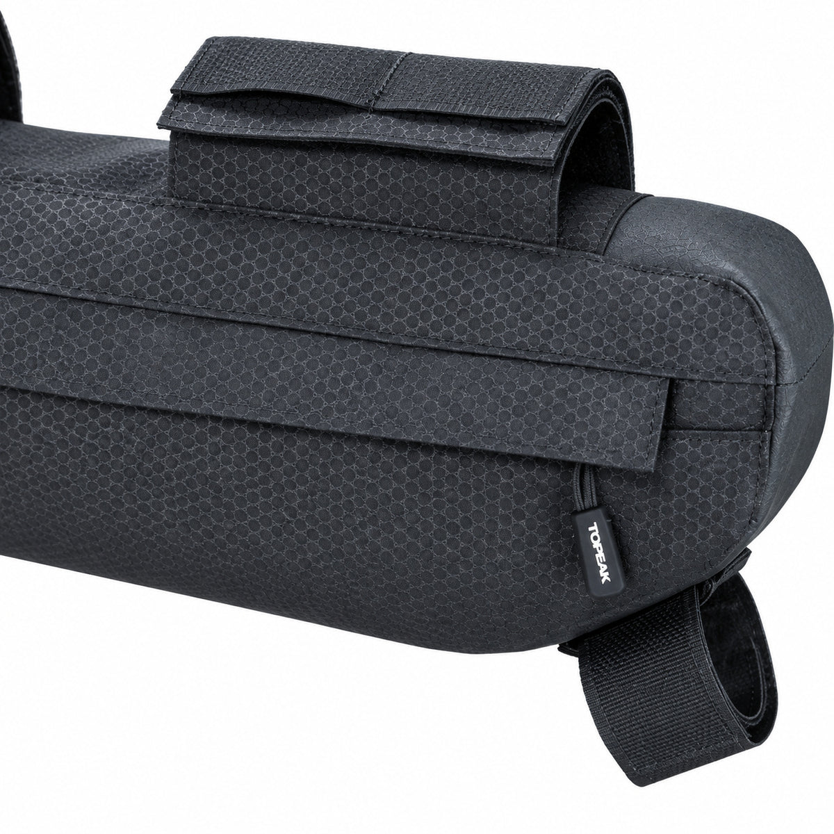 Side zipper and strap detail on the black Topeak MidLoader frame bag