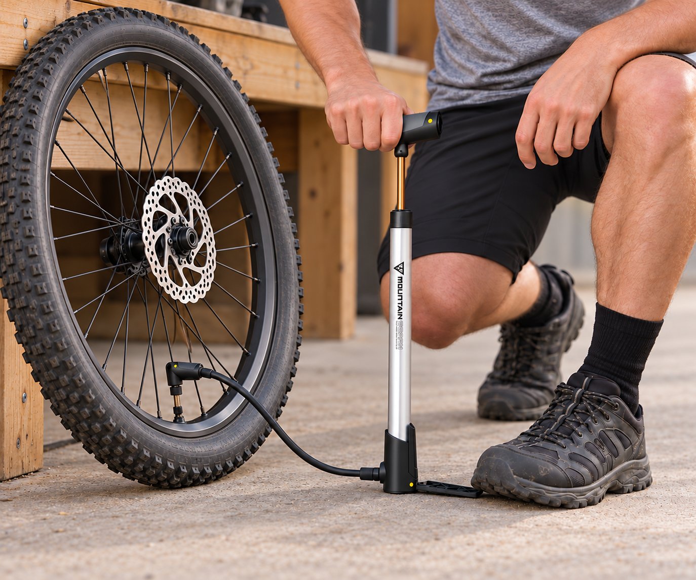 Silver Topeak Mountain Morph inflating an explicitly detached bicycle wheel, with one hose and a foot-stabilized base.