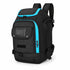 Black ski boot backpack with blue trim and a rectangular front patch on a white background