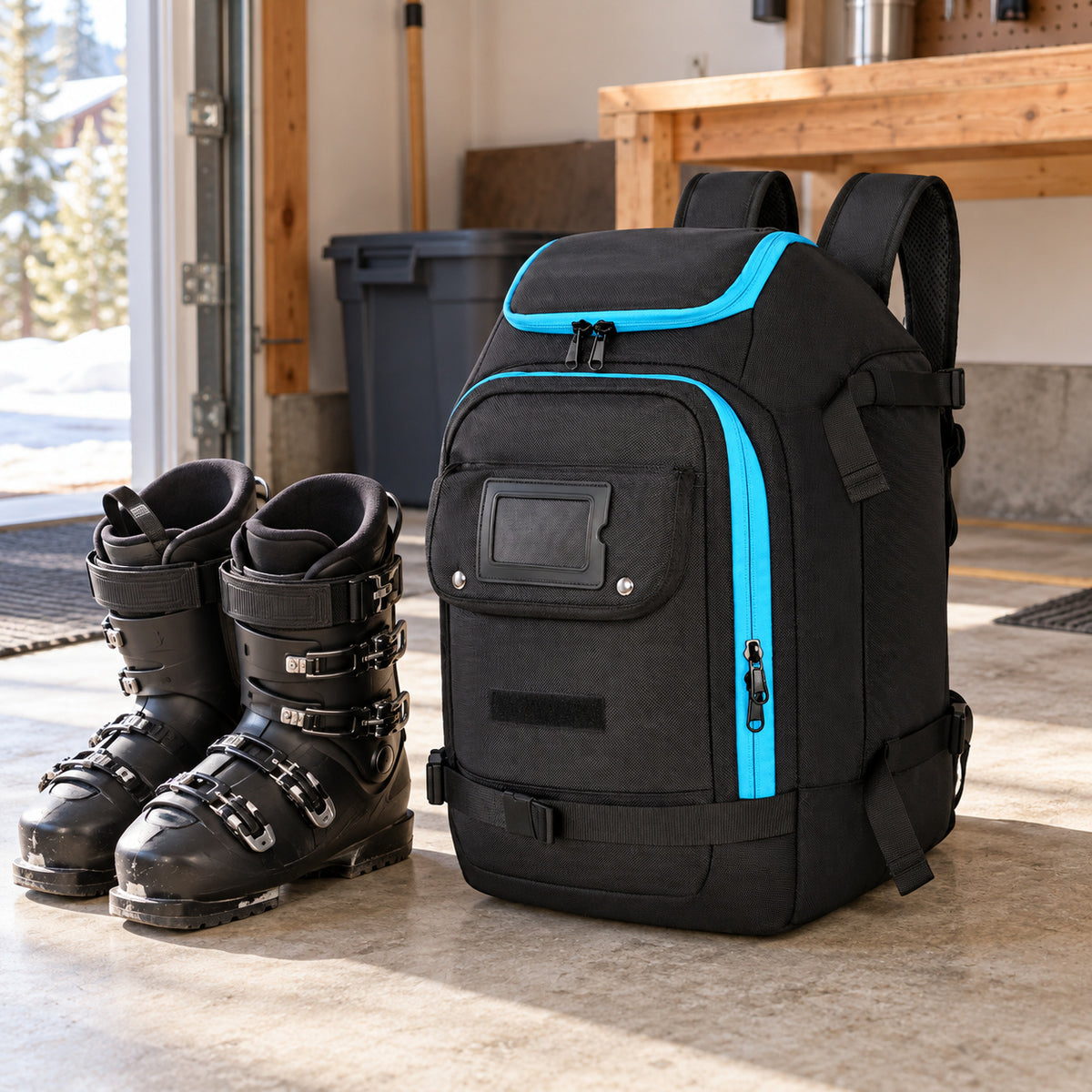 Black ski boot backpack with blue trim beside a pair of black ski boots in a home garage