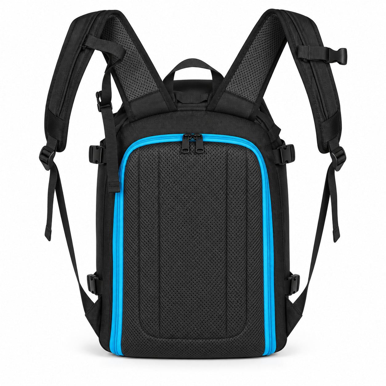 Rear of the black ski boot backpack with padded shoulder straps and a mesh back panel