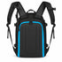 Rear of the black ski boot backpack with padded shoulder straps and a mesh back panel