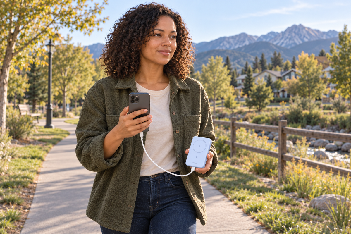 Woman holding a Blue UGREEN PB561 power bank and a phone connected by USB-C on a neighborhood path