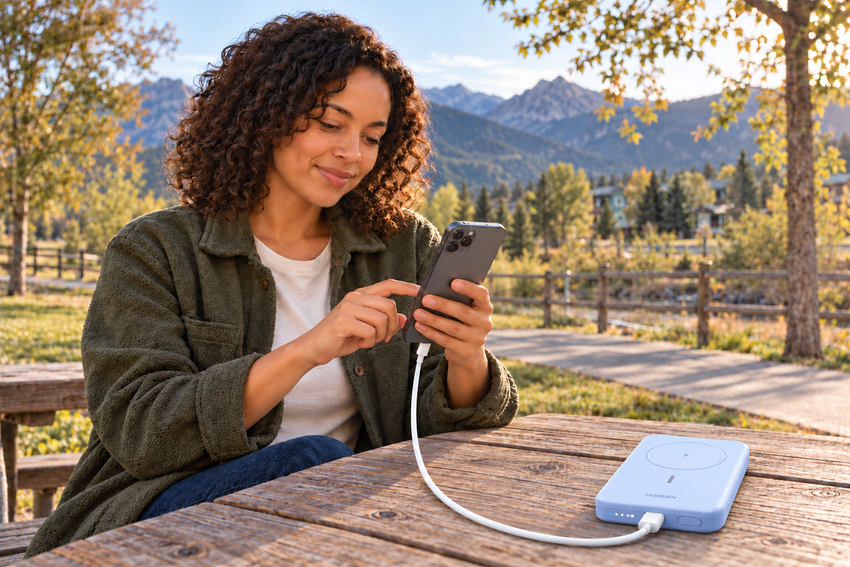 Woman using a phone connected by USB-C to a Blue UGREEN PB561 power bank at a neighborhood picnic table