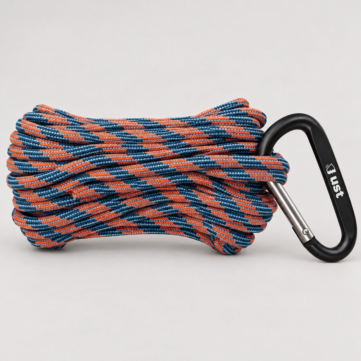 UST ParaTinder Orange/Blue utility cord with black carabiner and silver straight gate.