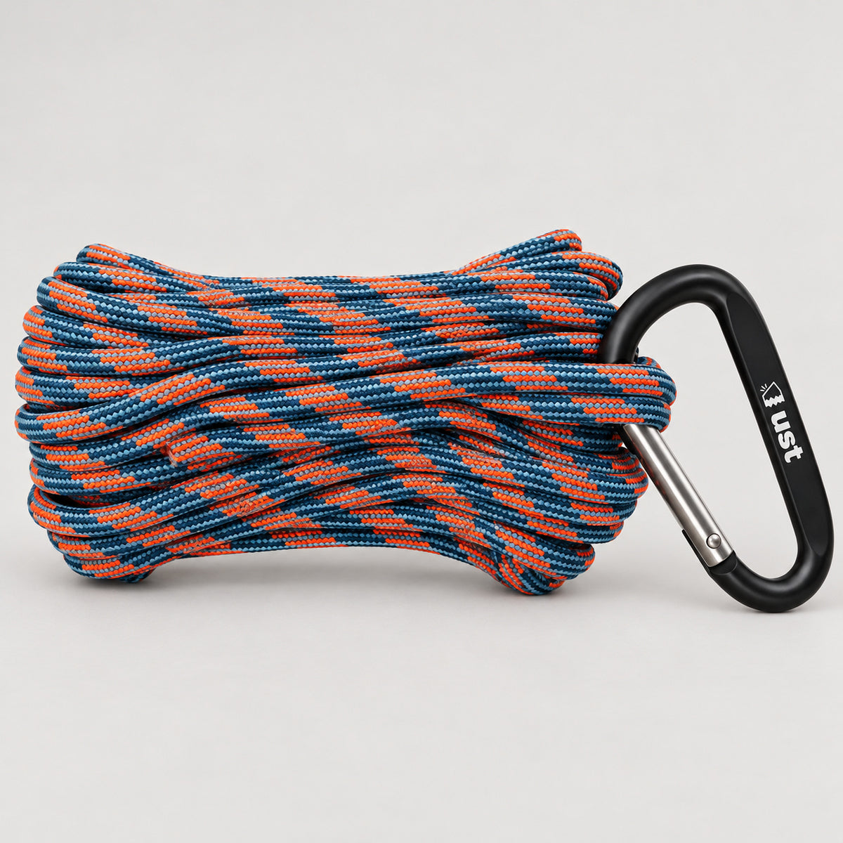 UST ParaTinder Orange/Blue utility cord with black carabiner and silver straight gate.