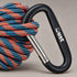 Close detail of the UST ParaTinder Orange/Blue utility cord carabiner and silver straight gate.