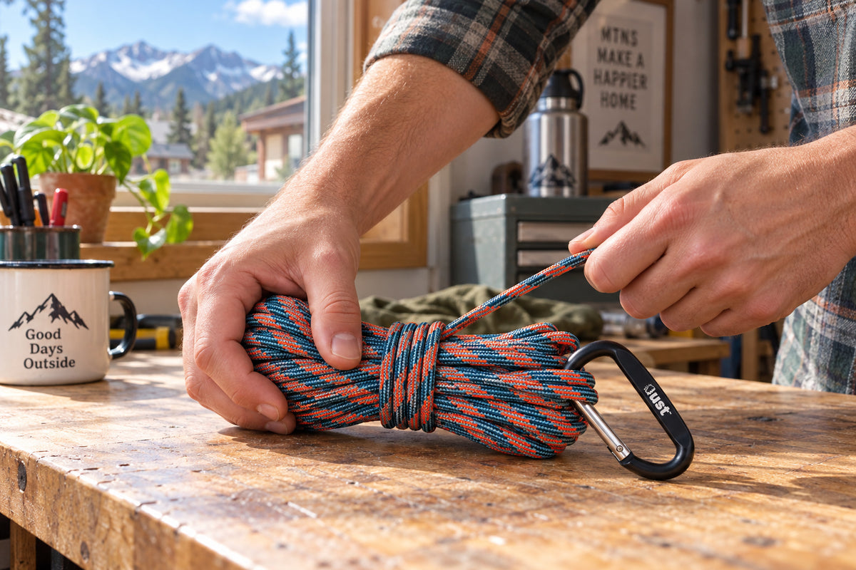 Two hands coiling UST ParaTinder Orange/Blue utility cord on a home workbench.