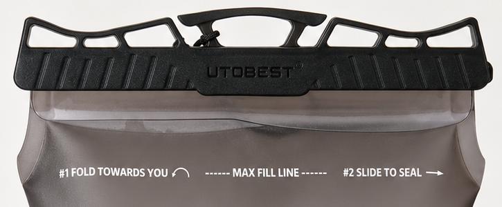Close view of the UTOBEST reservoir slide-top closure and frosted body