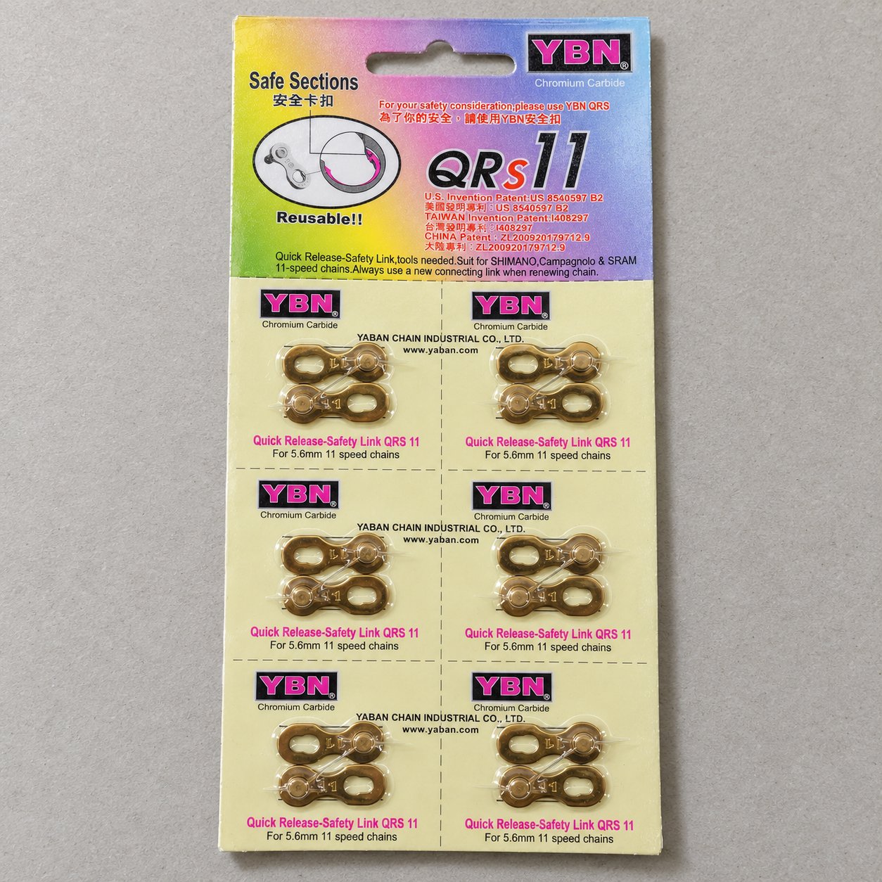 6 pairs of gold 11-speed quick links, shown as 12 separate mating half plates