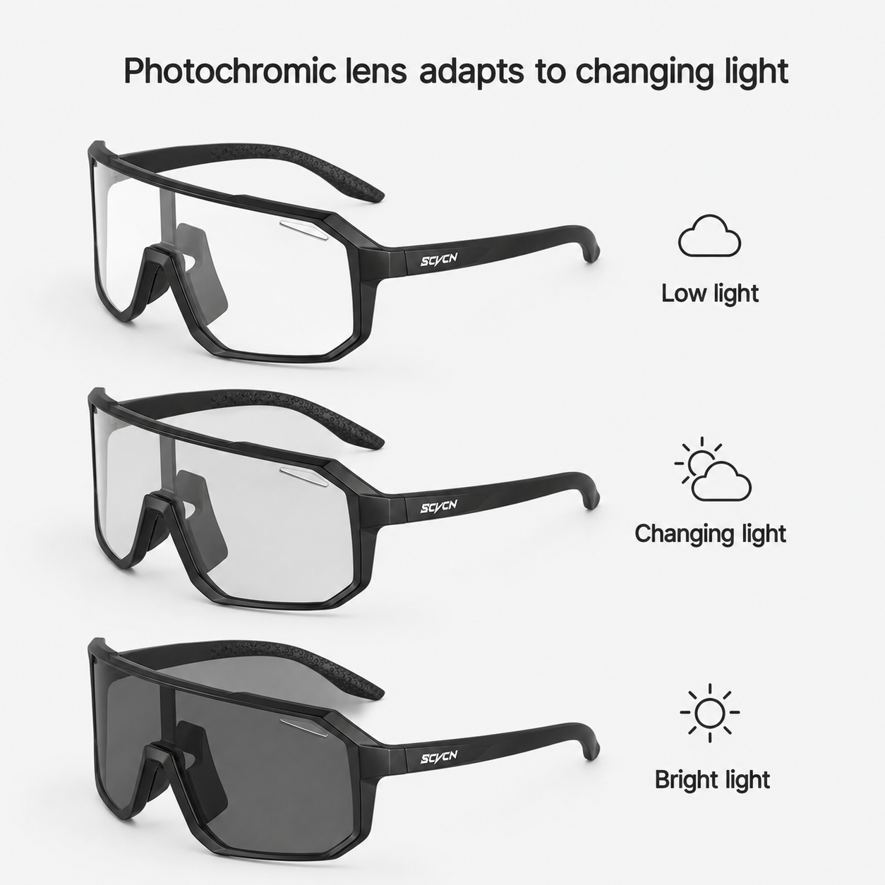 ApexShift clear-to-dark photochromic lens shown in low, changing, and bright light