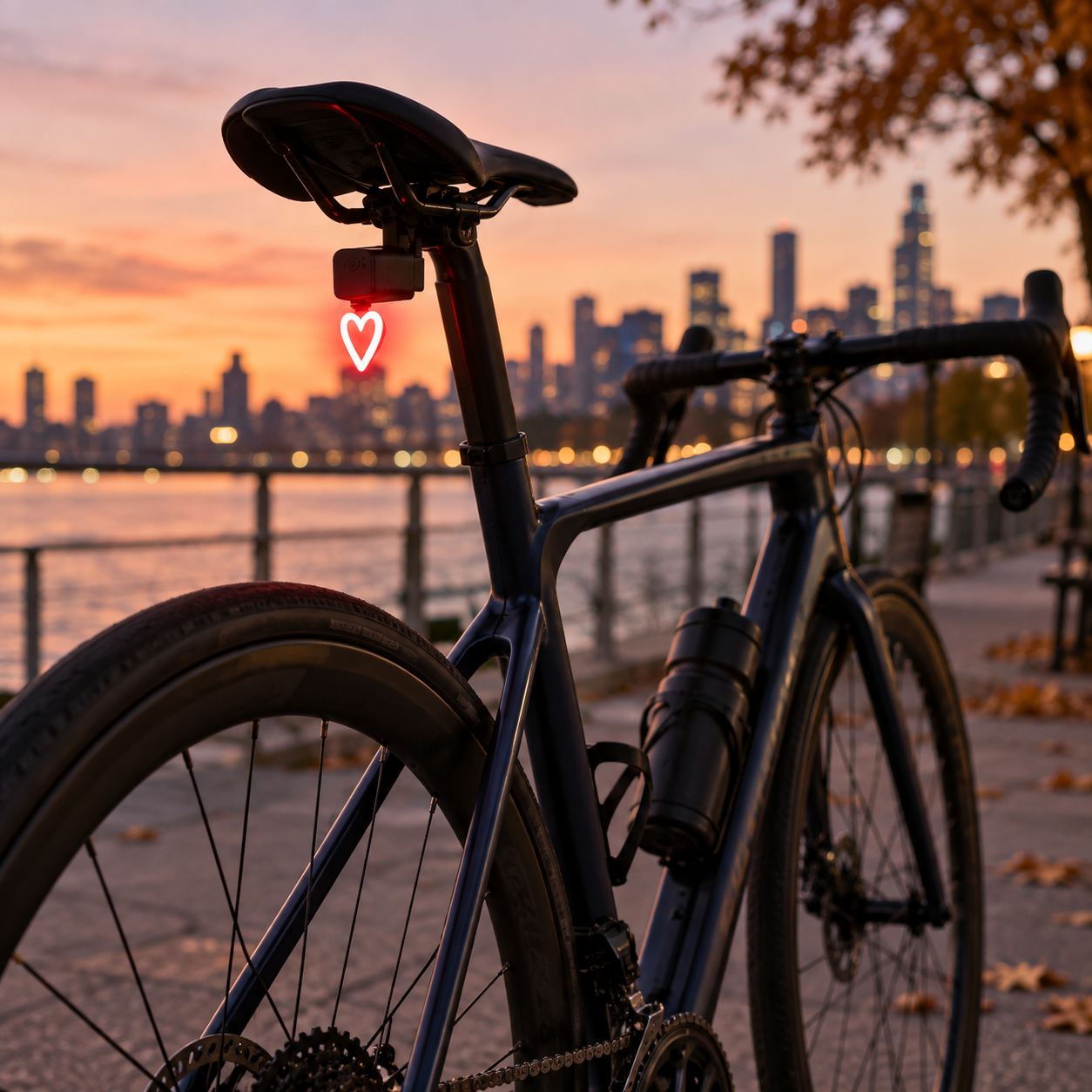 Corvale 2 heart-shaped bicycle tail light mounted on a bike at sunset