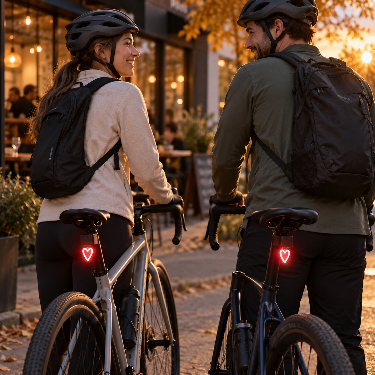 Two cyclists with Corvale 2 heart-shaped bicycle tail lights at golden hour