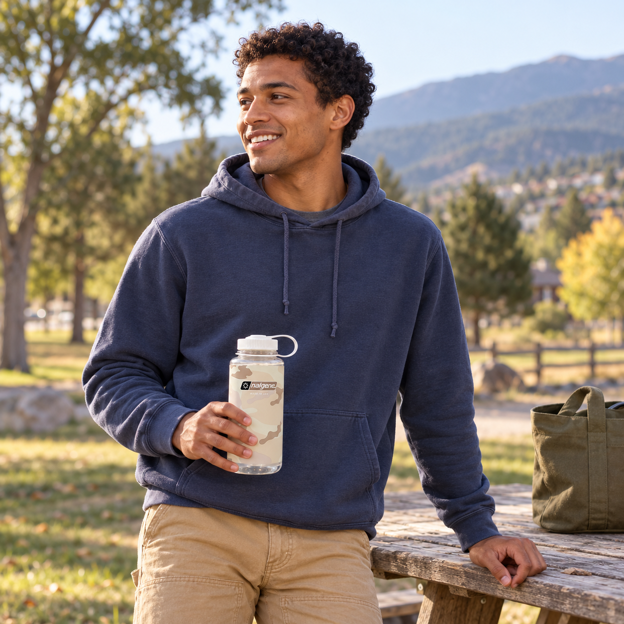 Man holding a Clear Camo Nalgene bottle beside a picnic table in a foothill park