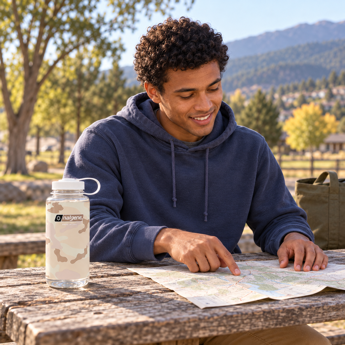 Clear Camo Nalgene bottle on a picnic table beside a map, with a man seated behind it