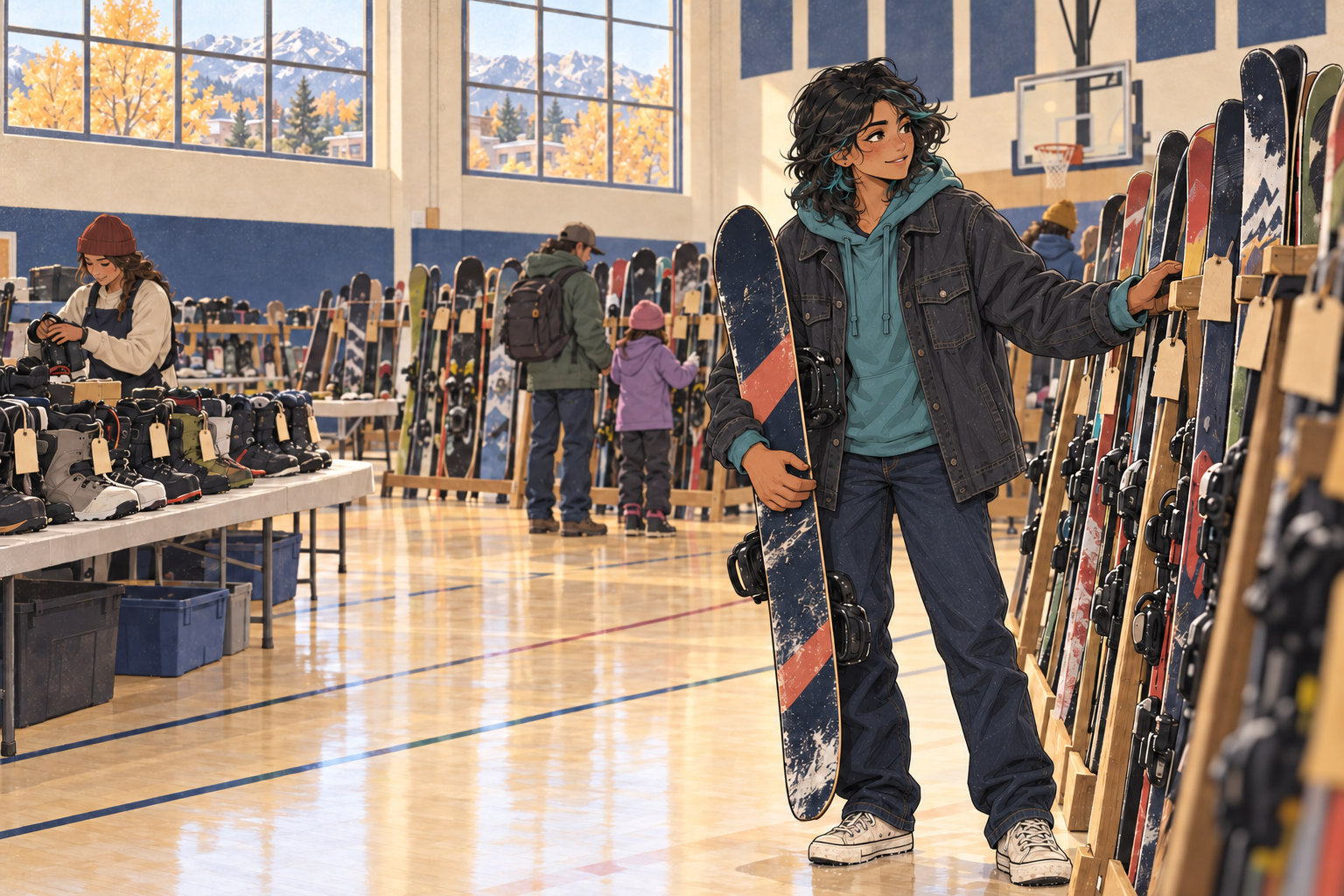 Illustration of Ridge browsing used skis and snowboards at a community swap