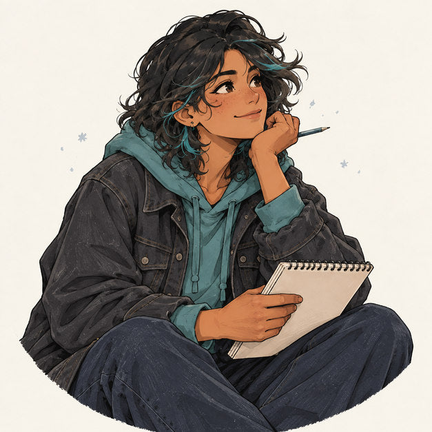 Ridge, the illustrated snowboarder, making a note