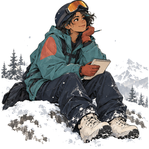Ridge seated with a notebook, watching the mountains